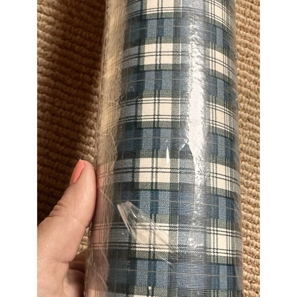 Imperial Wall paper Plaid vinyl Blue White 11 yd x 20.5 inch Union Made USA vtg